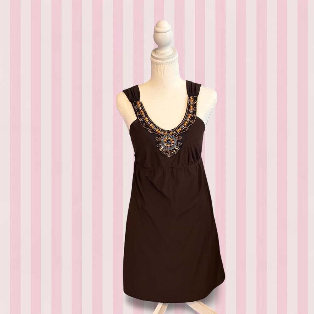 Studio Y Y2K Beaded Medallion Empire Waist Dress Brown Small